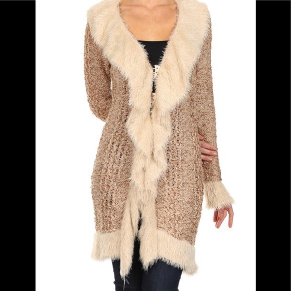 michael k Sweaters - CAMEL AND WHITE FAUX FUR CARDIGAN